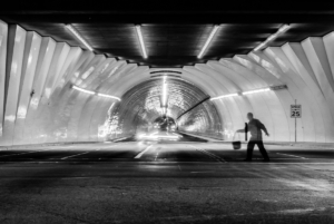Pedestrian crossing the in front of the Los Angeles 2nd Street tunnel